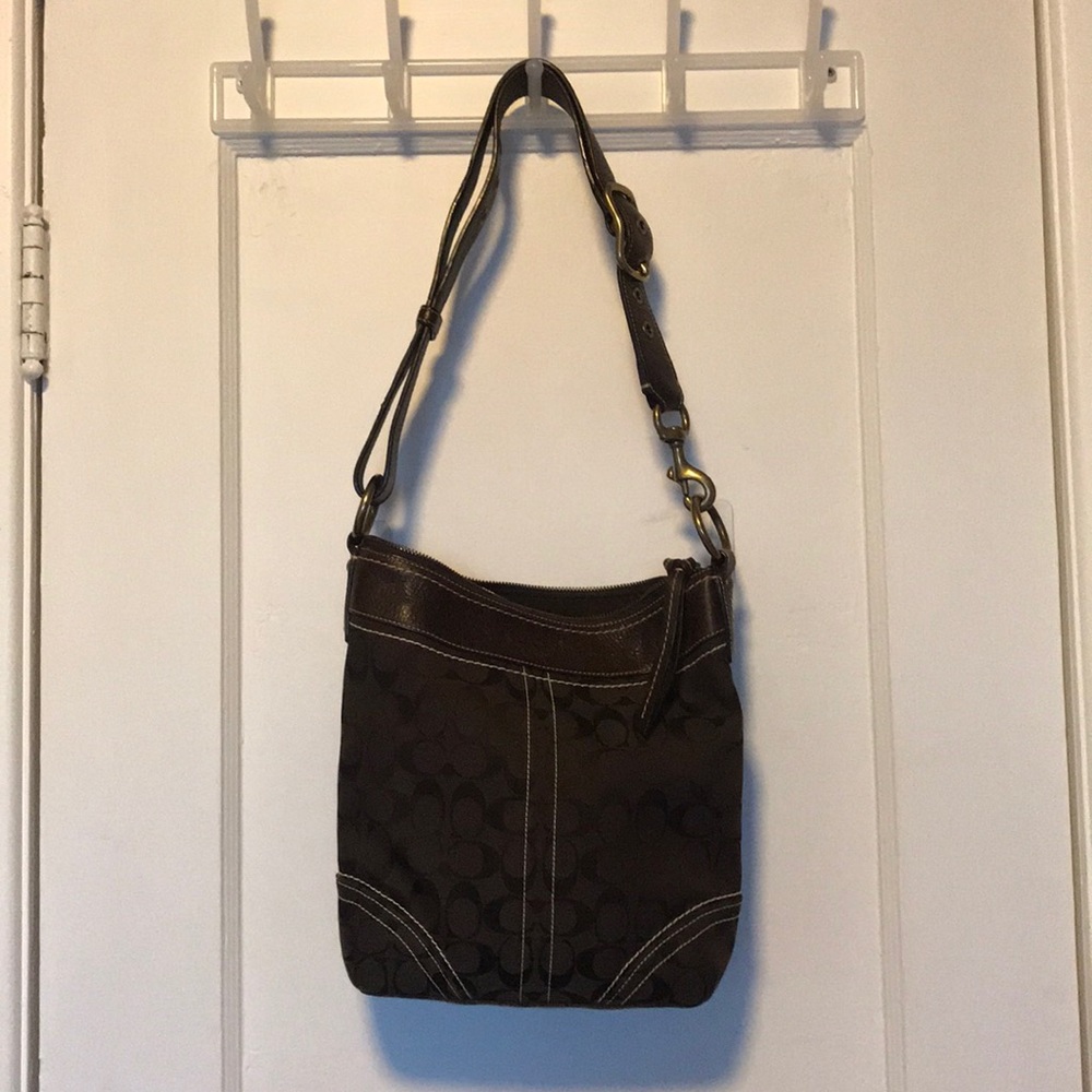 Coach leather and canvas dark brown shoulder bag